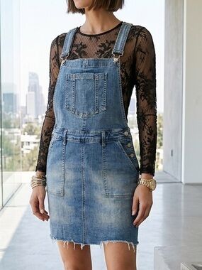 Judy Blue Medium Wash Denim Overall Dress JB2821 MD XL Stretch Raw Hem Racerback